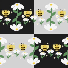 Hand-drawing flower and bee, seamless pattern and background.