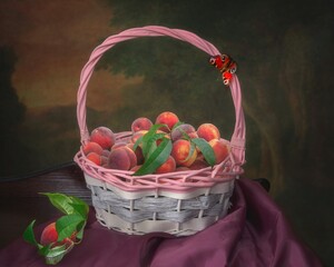 Still life with basket of peaches