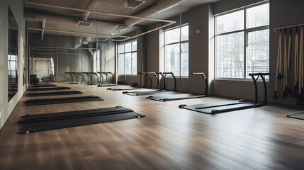 An empty exercise studio with yoga mats and resistance bands.
