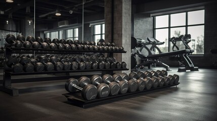 Dumbbells and fitness equipment arranged neatly in a gym setting.