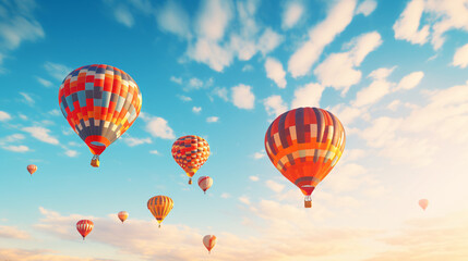 Obraz premium Hot-Air Balloons flying on a sunny summer day with beautiful sky.Generative AI
