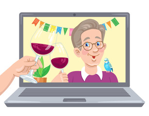 Funny boy on the laptop screen clinks a glass of red wine with his virtual friend. Video chat online. Internet communication at a distance. In cartoon style. Vector flat illustrations.