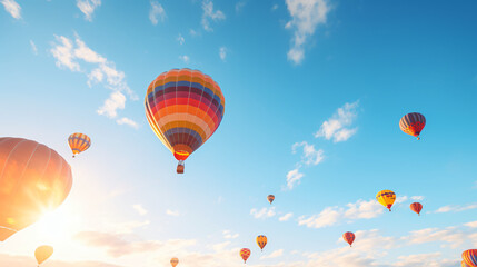 Fototapeta premium Hot-Air Balloons flying on a sunny summer day with beautiful sky.Generative AI