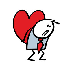 Sad man in business suit holding large heart in hands on the back. Vector illustration of tired stickman character in love.