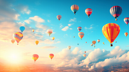 Fototapeta premium Hot-Air Balloons flying on a sunny summer day with beautiful sky.Generative AI