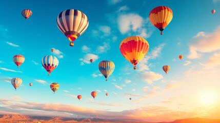 Obraz premium Hot-Air Balloons flying on a sunny summer day with beautiful sky.Generative AI