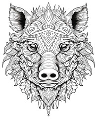Mandala, black and white illustration for coloring animals pig, boar.