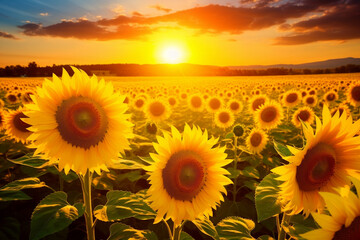 A breathtaking shot of a sunflower field in full bloom, its golden petals stretching towards the sun with vibrant energy.