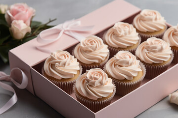 Box with cream cupcakes decorated with rose buds on top