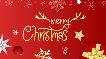 Merry Christmas background with star and gift on red background   ,Element in Christmas holiday , illustration Vector EPS 10