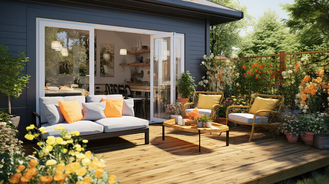 Cozy patio area with garden furniture, sliding doors and decking. Generative Ai