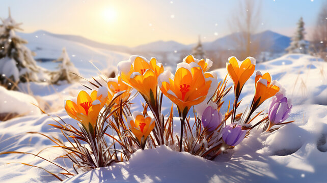 Crocuses yellow grow in the garden under the snow on a spring sunny day. Generative Ai
