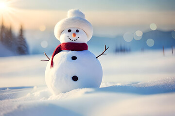 Obraz premium Cute snowman in a blue knitted bobble hat and scarf in a winter forest with copy space.on a snowy snow snowscape with bokeh lights, illuminated by the sun, snowman, snow