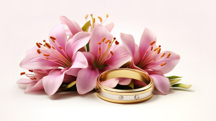 Fototapeta na wymiar Closeup shot of engagement rings with beautiful pink roses on the table. Generative Ai