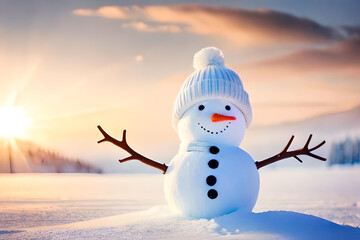 Obraz premium Winter holiday Christmas background banner - Closeup of the cute funny laughing snowman with a wool hat and scarf, on a snowy snow snowscape with bokeh lights, illuminated by the sun, snowman, snow