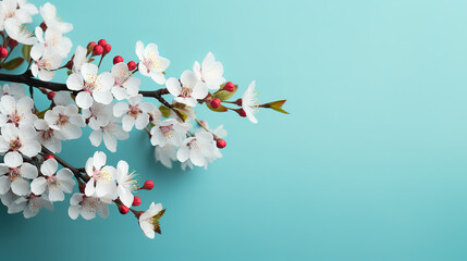 Pretty spring cherry blossom branches on turquoise blue background. Generative Ai