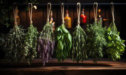 Sprigs of fresh herbs hanging from a rope on a wooden background.