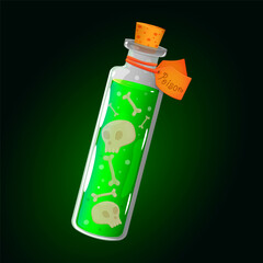 Magic potion, poison in a bottle. Magic elixir game icon, skull and bones. Design element, vector illustration.