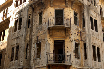 War damaged buildings in Downtown West Beirut, Lebanon. Architecture and conflict in the Middle East 