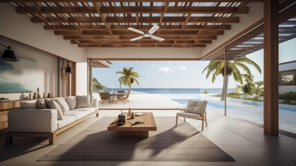 Fototapeta premium beautiful resort interior and patio terrace design living area open space balcony design with nature ocean beach and palm tree background,ai generate