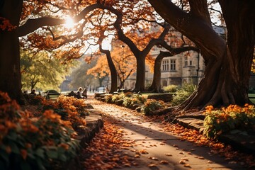 beautiful day of autumn in the park, city, space for copy, banner - generative ai