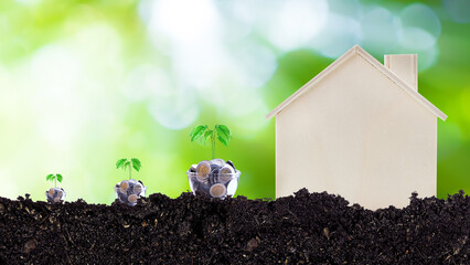 Finance, Model wooden house and coins money in glass bottle with Tree growing on sunlight bokeh...