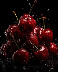 Delicious Fresh and juicy cherries with water. Perfect for wallpaper, background, posters, prints or video. This is a generative picture.