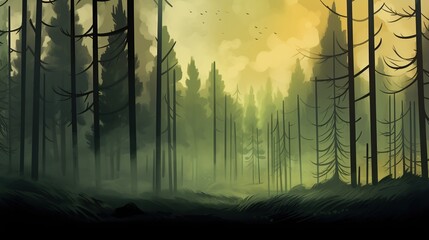 Beautiful forest landscape of backwoods in the fog in a beautiful early morning. Generative AI. Illustration for banner, poster, cover, brochure or presentation.