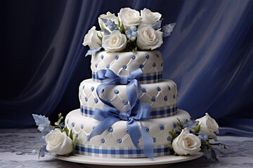The wedding cake is very beautiful and decorated with white roses