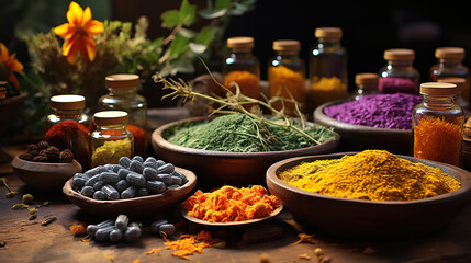 Turmeric, dried lavender, spirulina powder in wooden bowls, fresh berries. Generative Ai - obrazy, fototapety, plakaty