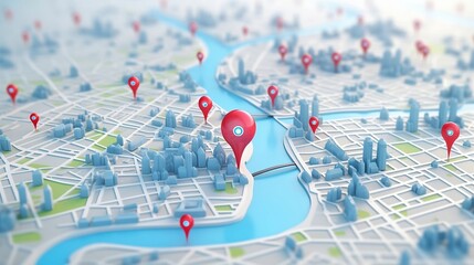 3d city map with pointers location, gps, transport concept, generative AI