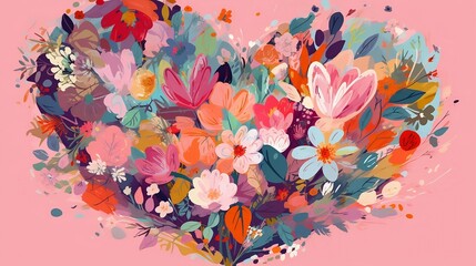 Obraz na płótnie Canvas A colorful heart made of flowers on a pink background, in the style of acrylic paint, rough shapes, cute cartoonish designs, floral accents, generative AI