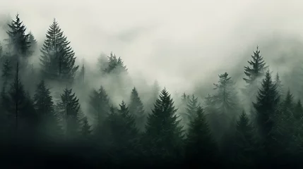 Foto auf Leinwand Forest is covered in mist, in the style of dark green and dark gray, muted palette, minimalist black and white, minimalist landscapes, generative AI © Andrii