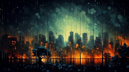 Abstract autumn rain background in the night city, drops falling october night, generative AI