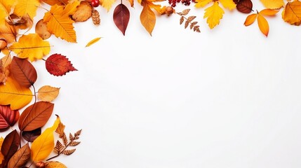 Autumn composition. Frame made of autumn dried leaves on white background. Flat lay, top view, copy space, generative AI