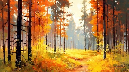 Beautiful autumn forest with sunlight shining through pine trees, in the style of light orange and light green rough watercolor painting, generative AI