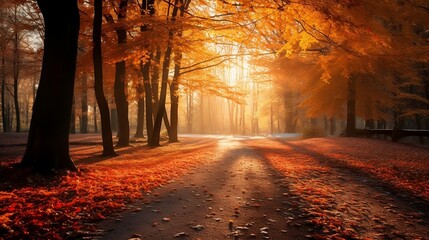 Beautiful sunny autumn landscape with fallen dry red leaves, road through the forest and yellow trees, generative AI