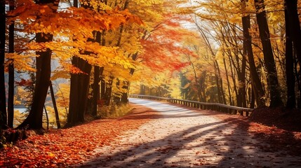 Beautiful sunny autumn landscape with fallen dry red leaves, road through the forest and yellow trees, generative AI