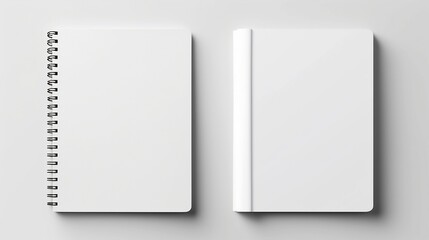 Blank notebook mockup on light grey background, front and back view, generative AI