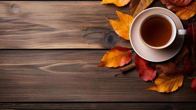 Autumn warming tea on a wooden table with autumn tree leaves lying nearby, generative AI