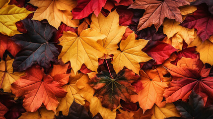 Naklejka na ściany i meble Many autumn leaves as background, top view, generative AI