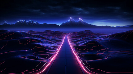 Roadmap design, neon glowing, forward movement, dark environment, generative AI