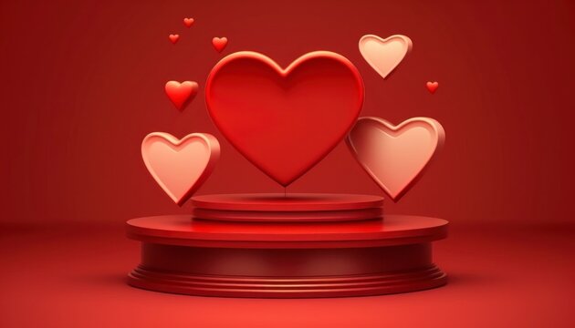 heart shaped stage podium decorated red with  lightings,  copy space for product placement , generative ai