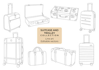 Set of hand drawn editable vector line art illustrations of suitcases and trolleys
