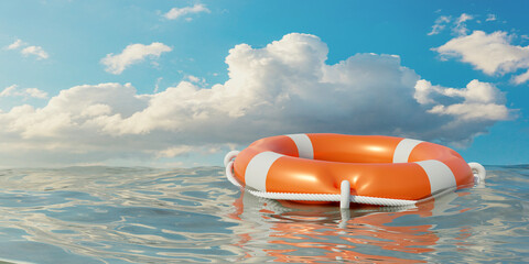 Lifebuoy on blue rippled ocean, blue cloudy sky background. Orange color life buoy, marine safety