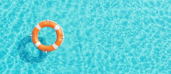 Lifebuoy on blue ocean background. Orange color life buoy ring, marine safety