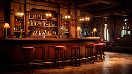 
A bar designed in Chicago style, featuring a main counter with a distinct Chicago ambiance. The...