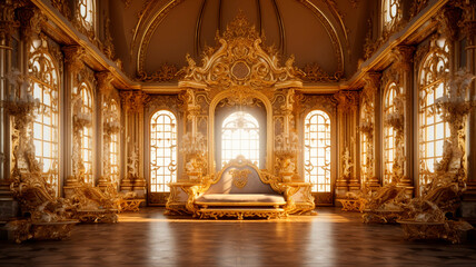 A luxurious palace room adorned with opulent European-style decor, featuring lavish gold decorations.