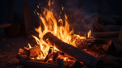 Burning firewood in the night. Bonfire. Atmospheric warm background with orange flame of campfire. Wonderful flame. Generative AI illustration for cover, card, postcard, interior design, decor, print.