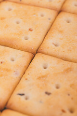 Delicious spicy square crackers closeup. Macro shot.